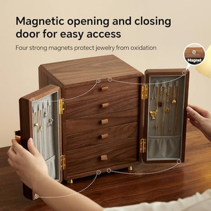 Black Walnut Wood Jewelry Box for Women, Large | Velvet Lined, 5 Drawers & Brass Feet, Earring Organizer, Traditional Chinese Pattern Handles - size: Double doors