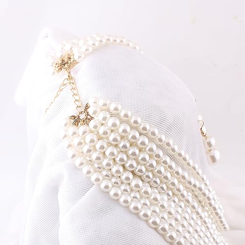 Multilayer Strand Chain Faux Pearls Flapper Beads Cluster Long Choker Necklace - color: Beige Necklace