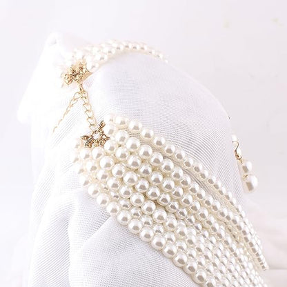 Multilayer Strand Chain Faux Pearls Flapper Beads Cluster Long Choker Necklace - color: Beige Necklace