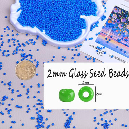 2mm Glass Seed Beads Bulk, Blue 12/0 Tiny Round Seed Bead, Small Mini Pony Craft Beads for Bracelet Necklace Wrist Jewelry Making Beading Weaving DIY Crafts Supplies - color: Blue
