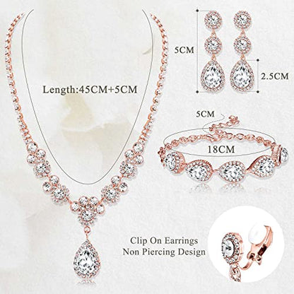 Jstyle Rhinestone Wedding Jewelry Sets for Brides, Brides Bridesmaid Sets | Non Tarnish Bridal Jewelry Set, Crystal Teardrop Pendants Necklace Bracelet,Clip On Earrings, Wedding Prom Jewelry Set - color: Rose Gold Tone