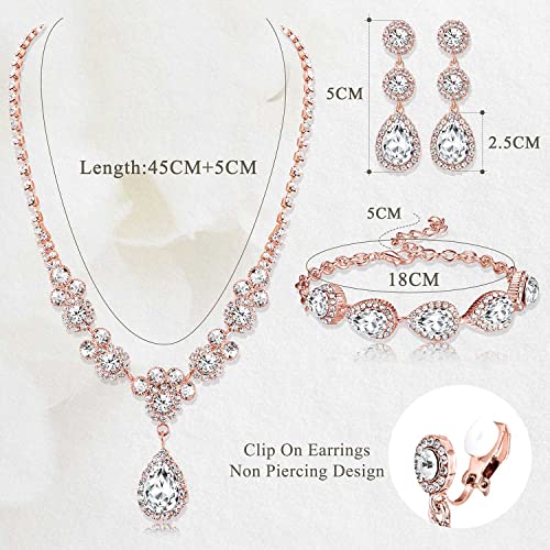 Jstyle Silver Wedding Jewelry Sets for Brides, Necklace and Earring Set | Non Tarnish Bridal Jewelry Set, Teardrop Pendants Necklace Bracelet Crystal Clip On Earrings Bridesmaid Wedding Prom Jewelry - color: Rose Gold Tone