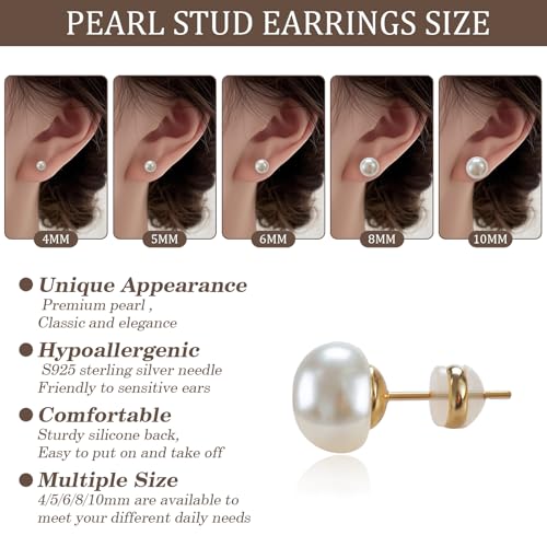 4 Pairs Pearl Stud Earrings Sterling Silver Earring Set | 14K Plated Gold Hypoallergenic Earring stud Large size Round pearl 8mm-14mm Set Earrings for women - style: Flat Round-5 Pairs