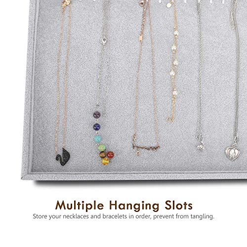Emibele Necklace Tray Jewelry Organizer, 20 Hooks Stackable Velvet Tray | Necklace Organizer Jewelry Storage Showcase Display Tray for Necklace Pendant Bracelet with Detachable Inner Dividers, Grey - style: F1- twenty Hooks