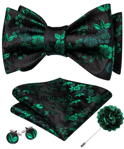 YOHOWA Bow Ties for Men Self-tied Silk Bowtie Solid Color with Lapel Pin and Handkerchief Cufflinks for Wedding Party Prom - color: Black Green Floral