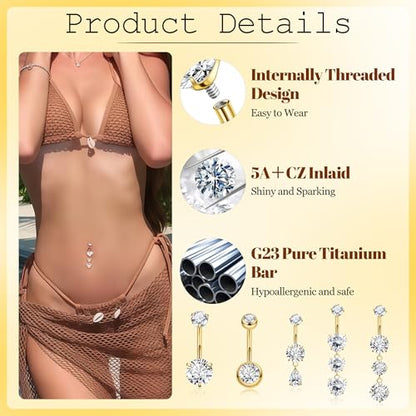 14G G23 Titanium Dangle Belly Button Rings for Women Gold Internally Threaded Belly Rings Dangling Teardrop Heart CZ Belly Button Piercing Hypoallergenic Navel Piercing Jewelry