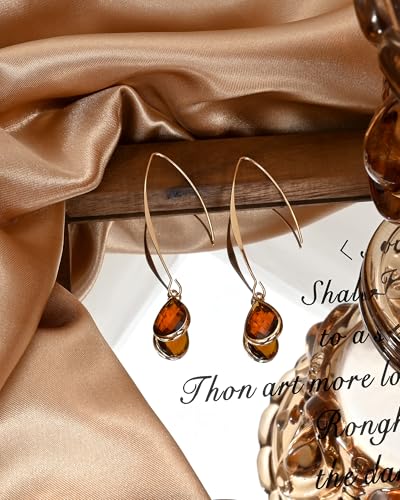 Long 14K Gold Plated Brown Teardrop Stone Dangle and Drop Vintage Earrings Crystal Lightweight Earrings for Women