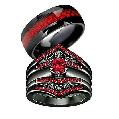 Two Rings His Hers Wedding Ring Sets Couples Matching Rings Women's 2pc Black Gold Plated Red CZ Wedding Engagement Ring Bridal Sets Men's Tungsten Carbide Band Wedding Band - color: Red, size: women's size 6 & men's size 8