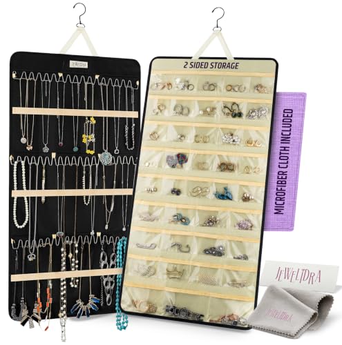 Hanging Jewelry Organizer 34.7 x 17.2 inches XL Size with Clear Pockets & Hooks – Double-Sided Necklace, Earrings & Rings Storage Holder – Space-Saving Closet Organizer for Women