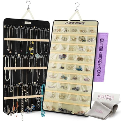 Hanging Jewelry Organizer 34.7 x 17.2 inches XL Size with Clear Pockets & Hooks – Double-Sided Necklace, Earrings & Rings Storage Holder – Space-Saving Closet Organizer for Women