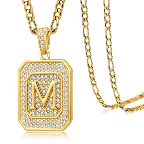 Initial Letter Pendant Necklace for Men Women, 14K/18K Gold A-Z | Square Monogram Pendant Jewelry Waterproof and colorfast with Figaro Chain, Gifts for Women Men - style: 18K Gold M