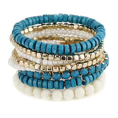 LUREME Boho Multi Strand Stackable Stretch Bracelet Set Wooden Cube Alloy Bead Bangle bl003172 - color: Blue
