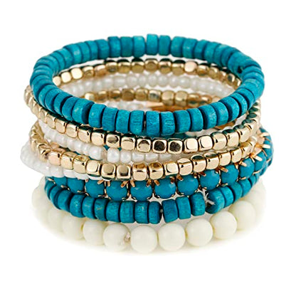 LUREME Boho Multi Strand Stackable Stretch Bracelet Set Wooden Cube Alloy Bead Bangle bl003172 - color: Blue