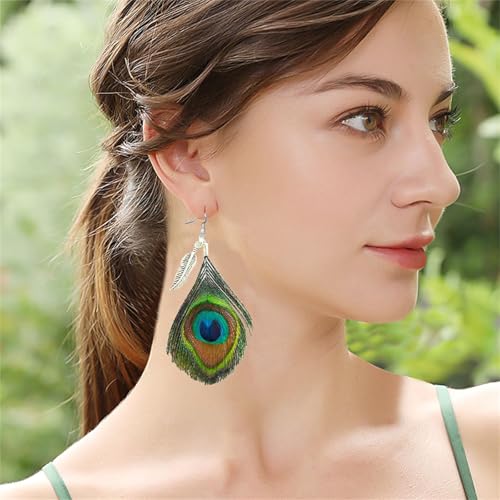 Peacock Feather Earrings for Women Native Handmade Lightweight Long Peacock Feather Boho Hook Earring Prom Party Festival Jewelry - color: Silver Leaf