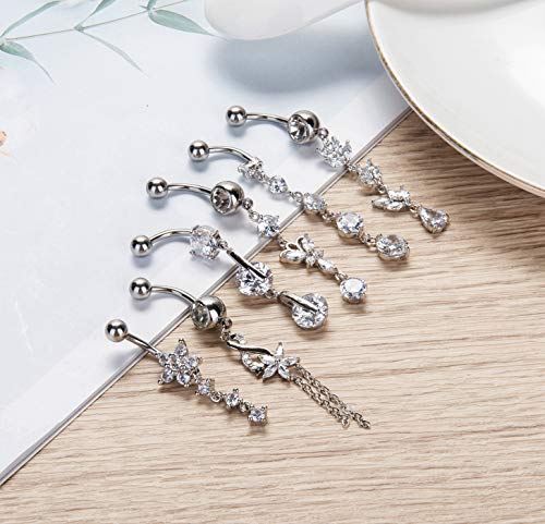 3-6PCS 14G 316L Stainless Steel Belly Button Rings for Women Navel Rings Barbell Dangle Flower CZ Body Piercing - color: D: 6 Pcs Silver-tone