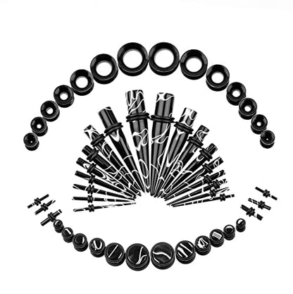 50 PCS Ear Stretching Kit 14Gauges-00Gauges Earring Marble Acrylic Taper Piercing Jewlery Sets - color: Black