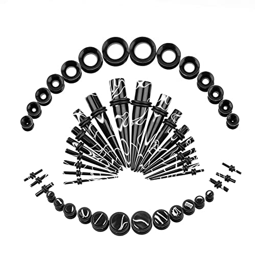50 PCS Ear Stretching Kit 14Gauges-00Gauges Earring Marble Acrylic Taper Piercing Jewlery Sets - color: Black