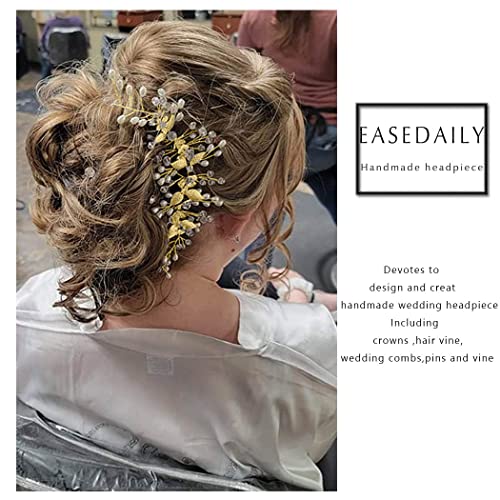 Flower Bride Wedding Hair Accessory Crystal Headpiece Hair Vine | Silver Leaf Bridal Hair Accessories Pearl Headpieces for Women - color: Gold