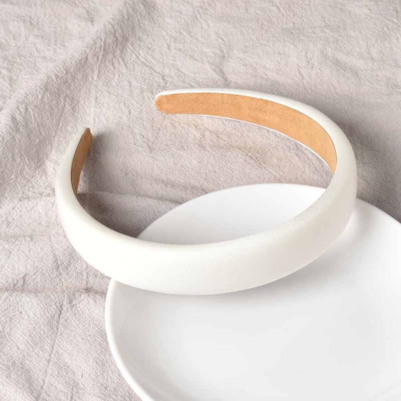 White Padded Wide Thick Solid Sponge Headbands - Simple No Slip Trendy Satin Hair Bands for Women and Girls, No Teeth Hair Accessories - color: White