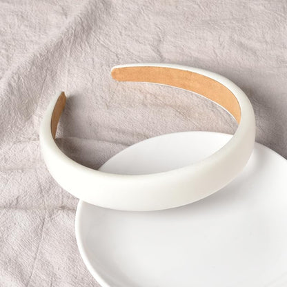 White Padded Wide Thick Solid Sponge Headbands - Simple No Slip Trendy Satin Hair Bands for Women and Girls, No Teeth Hair Accessories - color: White