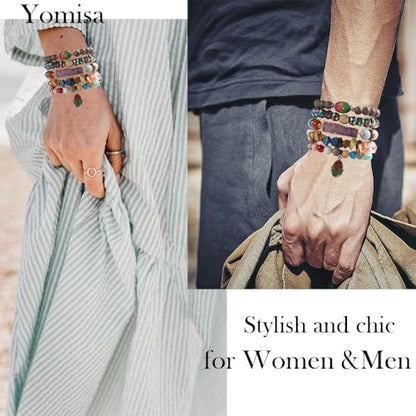 Yomisa 5PCS 6PCS Natural Boho Beaded Bracelets/Bangle for Women Men,Healing Turquoise Jasper Agate Crystal Gemstone Stone Chakra Multilayer Wrap Bohemian Handmade Jewelry Beads Stretch Bracelet Set - color: 5PCS-Colorful