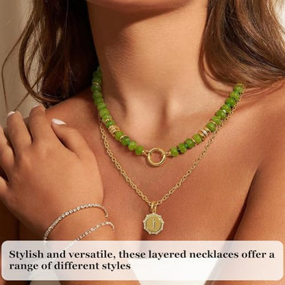 Beaded Necklaces for Women Boho Colorful Bead Choker Necklace Natural Gemstone Handmade Summer Beach Layering Necklace Jewelry Gift for Women - color: Olive Green
