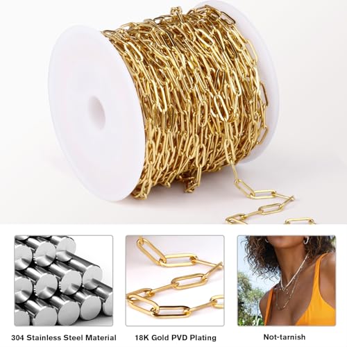 33FT Stainless Steel Paperclip Chains 3mm Gold Chain for Jewelry Making | 18K Gold PVD Plated Oval Link Chain Roll Bulk for Necklace Bracelet Crafts - color: 18k gold(3mm)