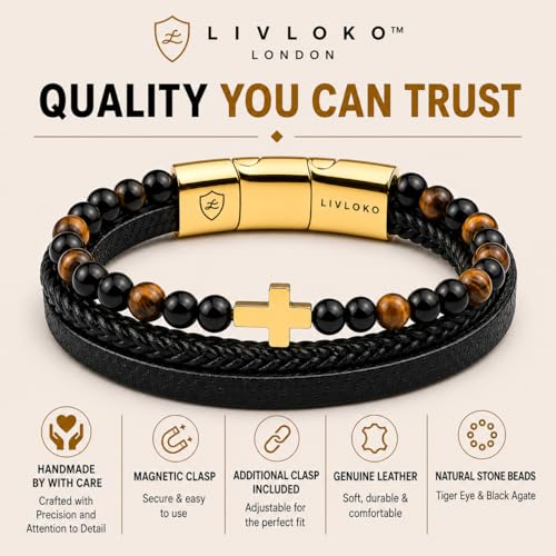 LONDON Mens Bracelet Leather Black Multi-Layer Stone Beads Adjustable Steel Clasp Viking Rope Bands Surfer Man Wristband Male UK Jewellery Gift box Boyfriend Dad Son Brother Tiger Eye - color: E. 19-22cm Black Brown Tiger-Eye Cross Adjustable, size: Large