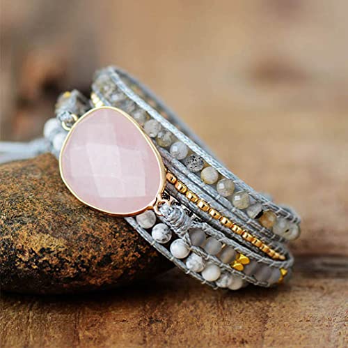 Women Wrap Bracelet Boho Natural Jasper Crystal Stone Beads Strand Bracelets - color: Style 04-Pink Quartz