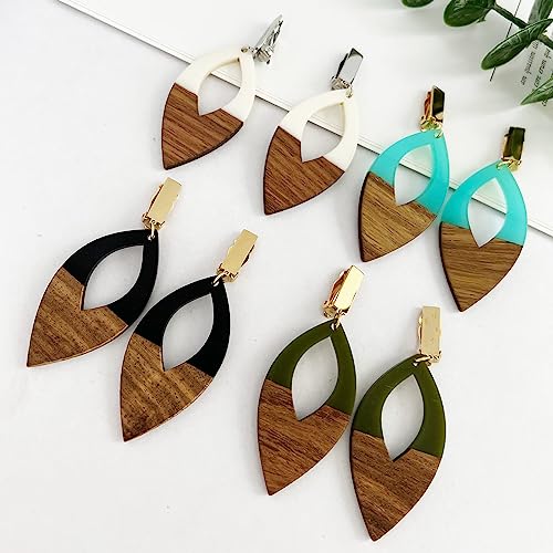 Wooden Geometric Clip On Earrings Women Gold Black Wood Non Pierced Ears Dangle Drop Earrings Triangle Leaf Comfortable Clip Earrings Jewelry - color: Leaf_White+Silver