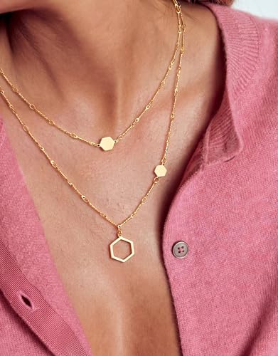 UBGICIG Honeycomb Layered Necklaces for Women Stackable, Dainty Layering Pendant Necklace Non Tarnish, Trendy 16K Plated Silver Gold Necklace Stack Chain Women's Fashion Jewelry - color: Layered Honeycomb-16K Gold Plated