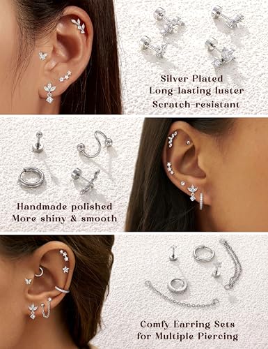 Cartilage Earrings for Women - 14K Gold Plated Flat Back Helix Conch Tragus Piercing Jewelry Single Stainless Steel Stud Earrings Hoops Stackable Set - color: Silver Tone