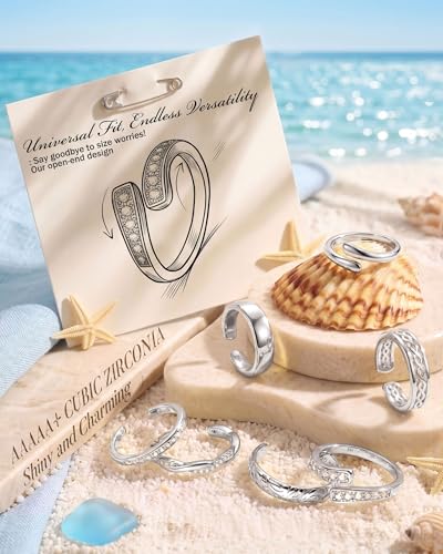 9PCS Toe Rings for Women Non Tarnish - Adjustable 14K Gold Filled Toe Ring | Silver Dainty Open CZ Toe Rings Set,Waterproof Summer Beach Foot Jewelry - color: Silver