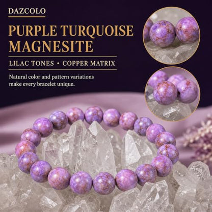 8mm Natural Crystal Stretch Bracelet | Handmade Round Stone Bead Bracelet, Runs Large, Meditation Yoga Gift for Women & Men - color: Purple Turquoise Magnesite