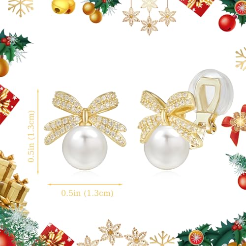 YOQUCOL Golden Bow Clip On Stub,Danle Drop Earrings for Women Simulated Pearl Christmas Xmas Bowknot Non Pierced Earrings - color: Stud Clip-03