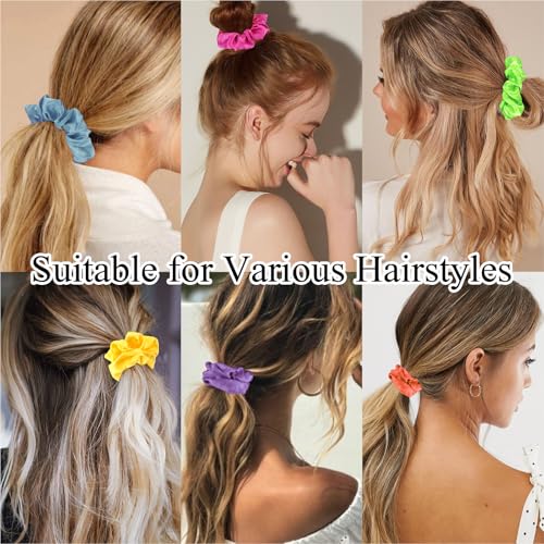 KICOSY 12 Pack Neon Scrunchies in 6 Colors - Satin Soft Hair Ties, Ideal for 80s/90s Looks, Glow Party & Daily Style - color: neon