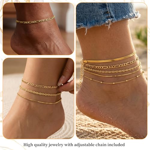 12Pcs Ankle Bracelets for Women Layered Waterproof, Gold/Silver Cuban Link Chain Anklets Set, Adjustable Plus Size Summer Jewelry Gift