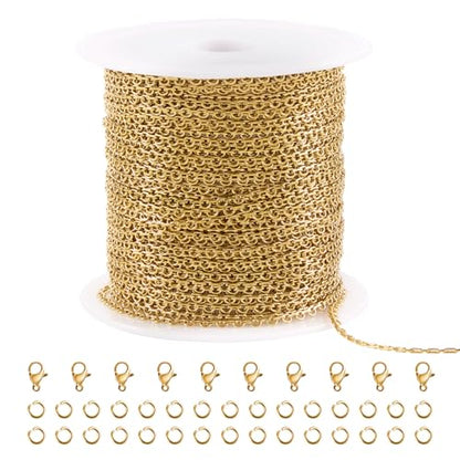 SMYHTGLIF 32.8 Feet Thin Cable Chain for Jewelry Making Craft Jewelry Chain | Gold Stainless Steel Bulk Chain Rolo Chain Roll Permanent Jewelry - color: Rolo Gold