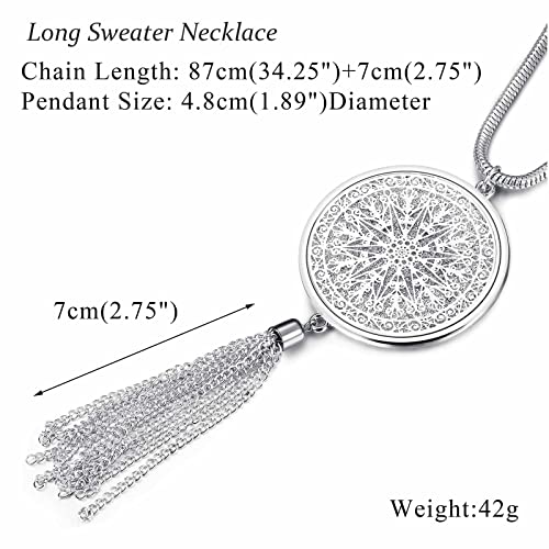 Jstyle 6Pcs Long Pendant Necklaces for Women, Statement Sweater Chain | Long Sweater Y Necklace Set, Fashion Statement Sweater Chain, Silver Flower Disk Circle Leaf Tassel Necklace, Daily Wear - style: Elegant Style