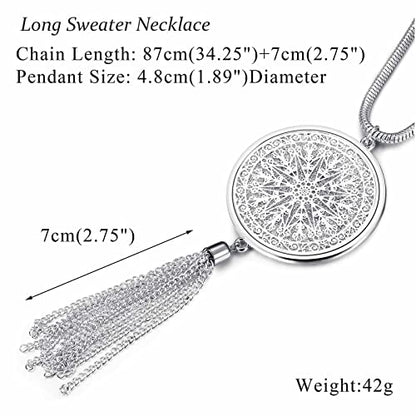 Jstyle 6Pcs Long Pendant Necklaces for Women, Statement Sweater Chain | Long Sweater Y Necklace Set, Fashion Statement Sweater Chain, Silver Flower Disk Circle Leaf Tassel Necklace, Daily Wear - style: Elegant Style