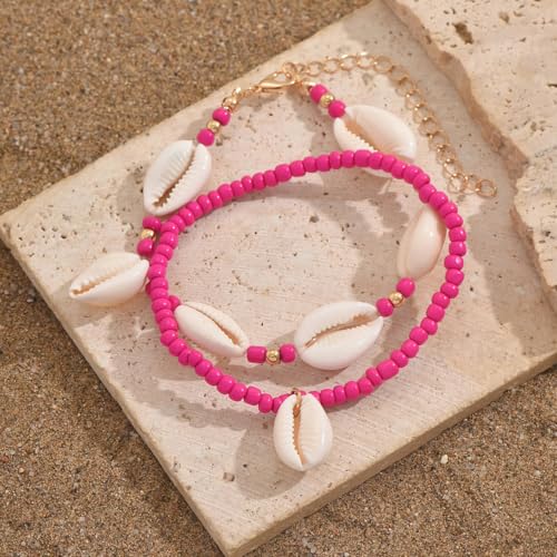 INENIMARTJ Puka Shell Anklets Bracelet for Women Colorful Shell Beaded Anklet Summer Ocean Hawaiian Beach Foot Jewelry Mermaid Seashell Anklets Jewelry for Women - color: rose red
