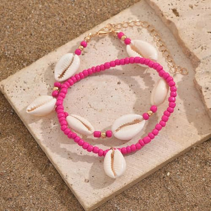 INENIMARTJ Puka Shell Anklets Bracelet for Women Colorful Shell Beaded Anklet Summer Ocean Hawaiian Beach Foot Jewelry Mermaid Seashell Anklets Jewelry for Women - color: rose red