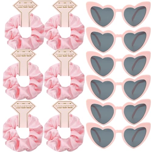 Satin Bridesmaid Scrunchies Bachelorette Hair Ties Set of 6 sunglasses Bridal Shower No Damage Hairties ideas Gift for Wedding Party Favors Bridesmaid Proposal Gifts (Pink) - color: 6pcs Pink