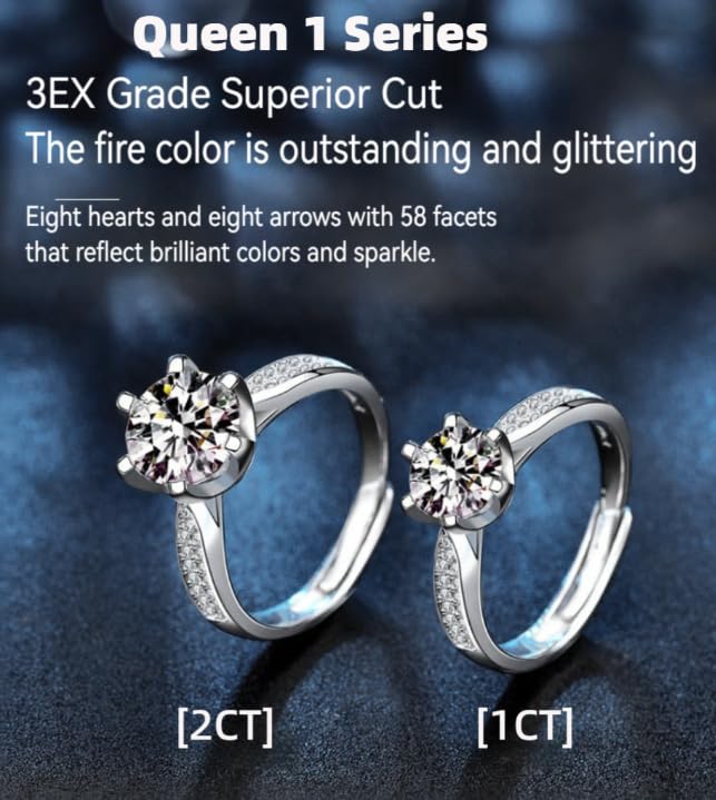 1CT/2CT Queen series moissanite ring, Adjustable rings for women, 925 Sterling Silver Open Band, D-Color VVS1 Sparkling Stone, Luxury Diamond Alternative - style: Queen 1 Series, 2CT