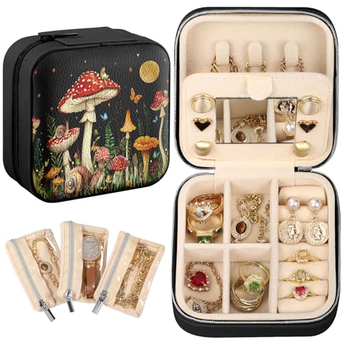 Bistup Travel Jewelry Case - Small Jewelry Organizers and Storage Box for Women Girls Teens Cute Traveling Jewelry Holder with Mirror Little Tiny Compact Modern Unique Aesthetic Pretty, Mushroom - style: Mushroom