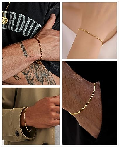 Honsny 6PCS Stainless Steel Bracelets for Women Men,14K Gold Plated Cuban Link Paperclip Chain Bracelet Dainty 6.3/7/7.8/9.5 Inch Stainless Steel Bracelet Set Fashion Jewelry - color: Gold, size: 7 Inches