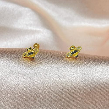 Cute Honeybee Cartilage Labret Monroe Stud Earrings 316L Surgical Stainless Steel Crystal Cubic Zirconia Bee Tragus Conch Helix Studs Lip Nose Rings Fashion Body Piercing Bar 6mm 8mm Length Jewelry Gifts for Women Girls 16G - color: 8mm