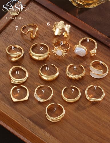 15 Pcs Chunky Gold Rings for Women Open Adjustable Pearl Rings Set | Stackable Statement Rings Pack,Shall Shell，Stacking Knuckles Rings Set, Trendy Stuff Jewelry Gift, Gold Baroque Pearl - color: Gold
