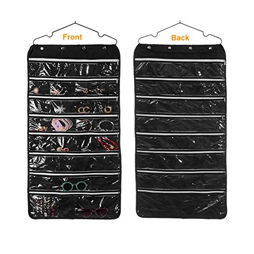 56 Pockets Large Zippered Dual Sided Jewelry Hanging Organizer Necklace Earrings Bracelets Rings Accessories Storage Bag Wall Mounted Door Cabinet Hanger Holder Clear Pouch Display Foldable