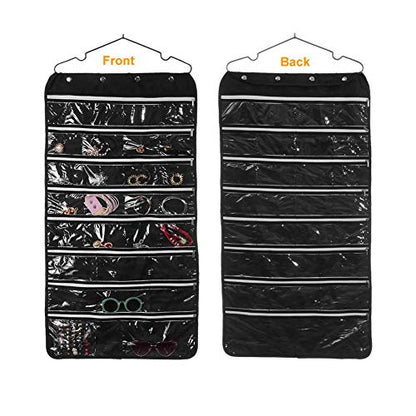 56 Pockets Large Zippered Dual Sided Jewelry Hanging Organizer Necklace Earrings Bracelets Rings Accessories Storage Bag Wall Mounted Door Cabinet Hanger Holder Clear Pouch Display Foldable